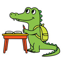 Adorable and friendly cartoon illustration of a green crocodile wearing a backpack and holding a pencil, standing beside a small desk with an open book. 