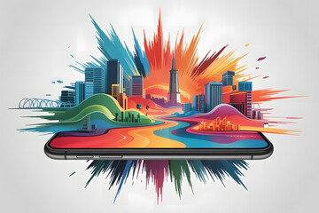 Obraz premium A smartphone screen exploding into colorful paint strokes that form landscapes and cities, symbolizing digital creativity, isolated render