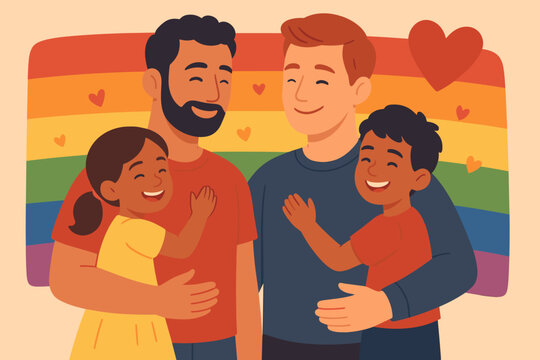 Happy gay couple with adopted children. LGBT family concept. Homosexual parents with son and daughter. Pride Month celebration vector illustration. Two dads family love and diversity.