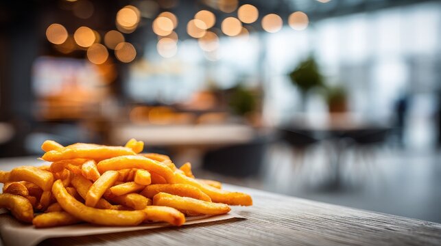 Artistic blur shot of fries in foreground with fast food table in soft focus - Powered by Adobe