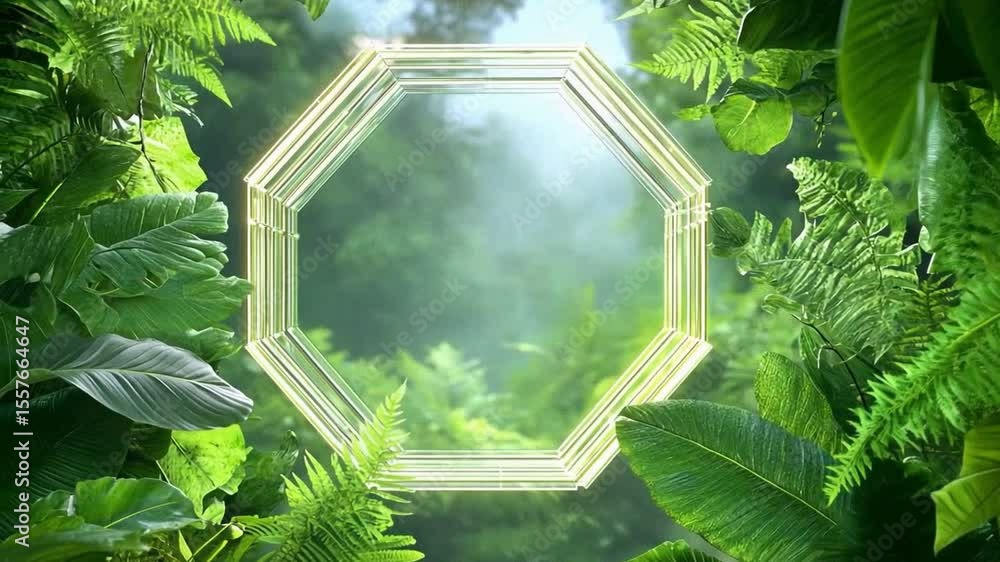 Poster emerald canopy: a mesmerizing octagonal frame is nestled amidst a lush, green forest canopy. the ima