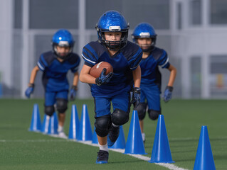 Young athletes in blue football uniforms practice agility drills on a green turf field, navigating through training cones, showcasing teamwork and athleticism in a dynamic sports environment