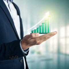 A realistic 3D-rendered hand in navy business attire holds a virtual bar chart glowing green and white; background soft-blurred with high-contrast.