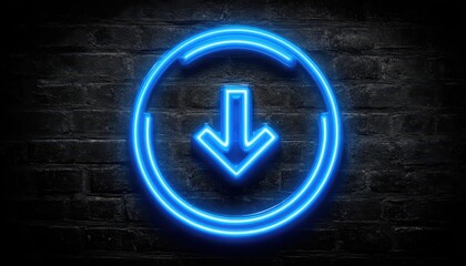 Bright neon blue arrow symbol within a circular frame, on brick wall