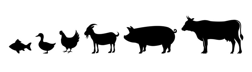 Animal silhouette vector design. Farm animals include chicken, fish, duck, pig, goat, lamb, and cow vector icons.