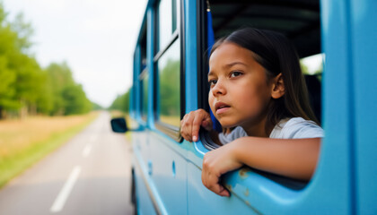 Young hispanic girl daydreaming while looking out school bus window on country road