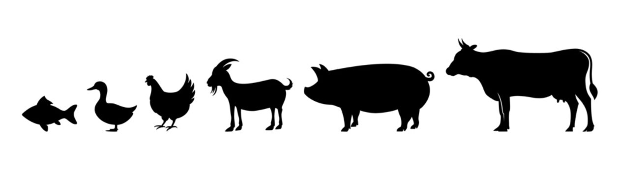 Animal silhouette vector design. Farm animals include chicken, fish, duck, pig, goat, lamb, and cow vector icons.