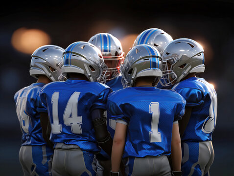 Group of young football players in blue uniforms huddled together on the field, discussing strategy and teamwork under stadium lights, showcasing camaraderie and sportsmanship