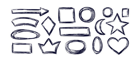 Set of hand drawn art frame. Vector circle, square