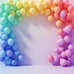 Colorful rainbow gradient balloons creating a festive frame on a pastel background for celebrations