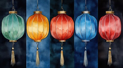 Colorful lanterns hang in a row against dark backgrounds