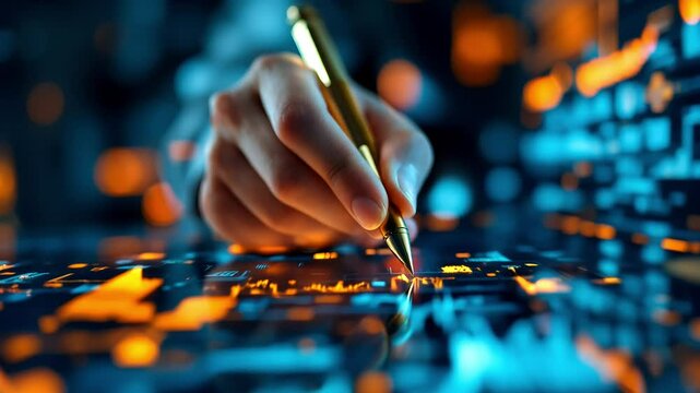 Hand Holding Gold Pen Over Glowing Circuit Board With Digital Data And Abstract Orange Lights
