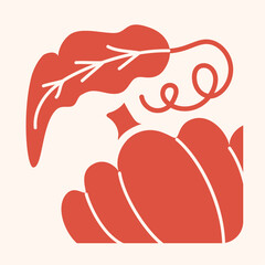 Autumn hand drawn organic shaped leaf with pumpkin in retro style for seamless pattern, prints and posters. Vector illustration.