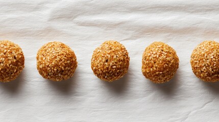Deep-fried mung bean balls coated in sesame, styled in rows on white paper