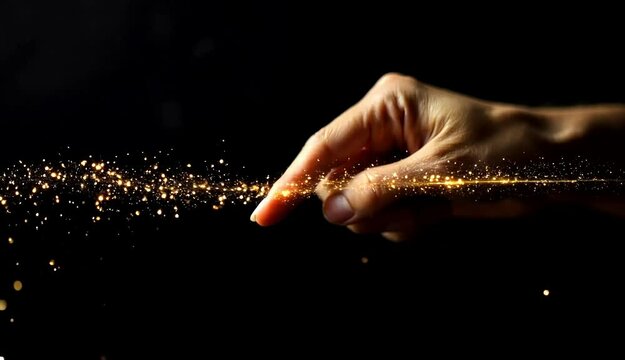 Human Hand Touching Golden Sparkling Particles Against Black Backdrop