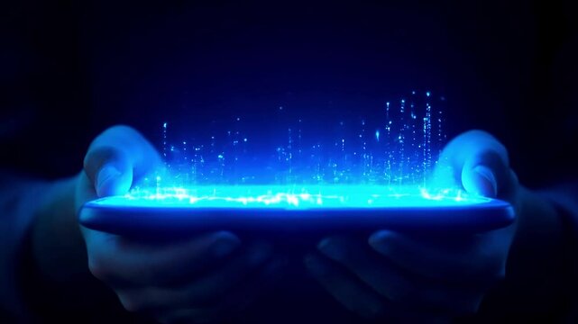 Hands Holding Glowing Blue Smartphone Screen