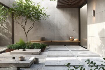A minimalist courtyard with a few carefully chosen plants, a simple bench, and stone tiles arranged in a clean pattern. 