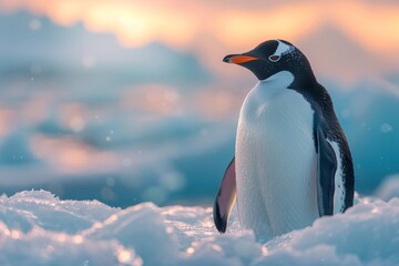 A penguin gazing into the distance, its soft feathers contrasting with the icy environment around it. 