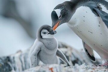 A penguin chick being fed by its parent, with the tender moment captured in a close-up shot