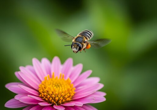 Bee in flight near pink flower