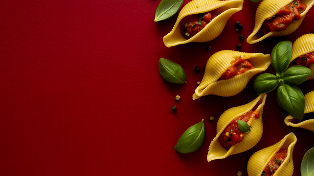 A high-quality food photography shot of stuffed pasta shells on a deep red background.