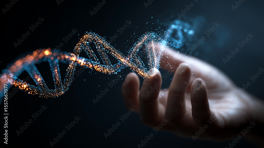 Poster a glowing dna helix floating above a hand against a dark background with digital particles