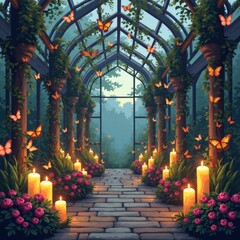 A serene greenhouse glowing with soft candlelight, filled with lush greenery and fluttering orange butterflies beneath large windows and a dreamy ambiance. Generative, AI,