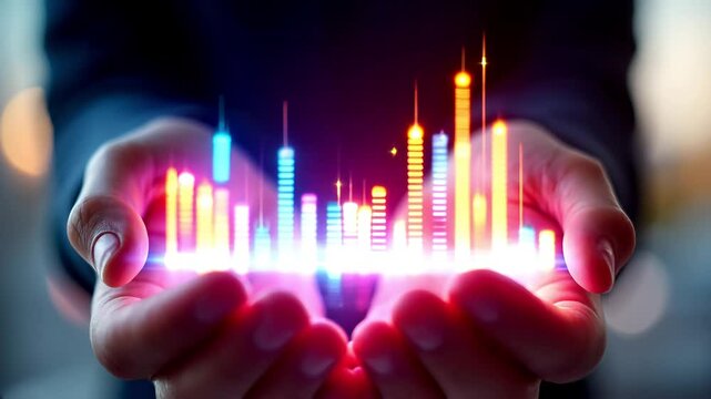 Human Hands Cupping Glowing Digital Display with Data Bars and Futuristic Light Effects