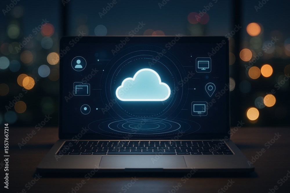 Aufkleber cloud technology in modern computing: a sleek laptop screen displaying a glowing cloud symbol at the