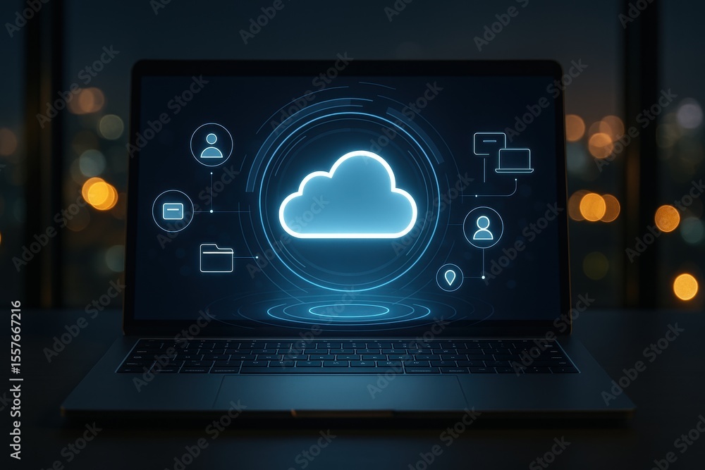 Fototapete Cloud Computing: A sleek laptop illuminates with a digital cloud icon and interface, showcasing the future of data storage and accessible information