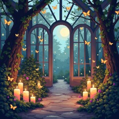 A serene greenhouse glowing with soft candlelight, filled with lush greenery and fluttering orange butterflies beneath large windows and a dreamy ambiance. Generative, AI,