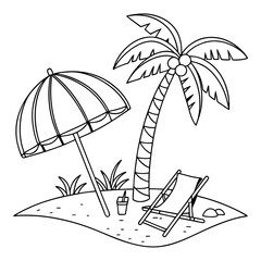 Beach Scene with Umbrella – Summer Vacation Vector Illustration | Sunny Beach Landscape with Umbrella and Beach Elements 
