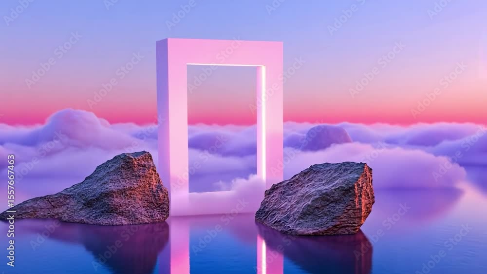 Poster portal to serenity: a surreal, dreamy landscape featuring a luminous pink rectangular portal amidst 