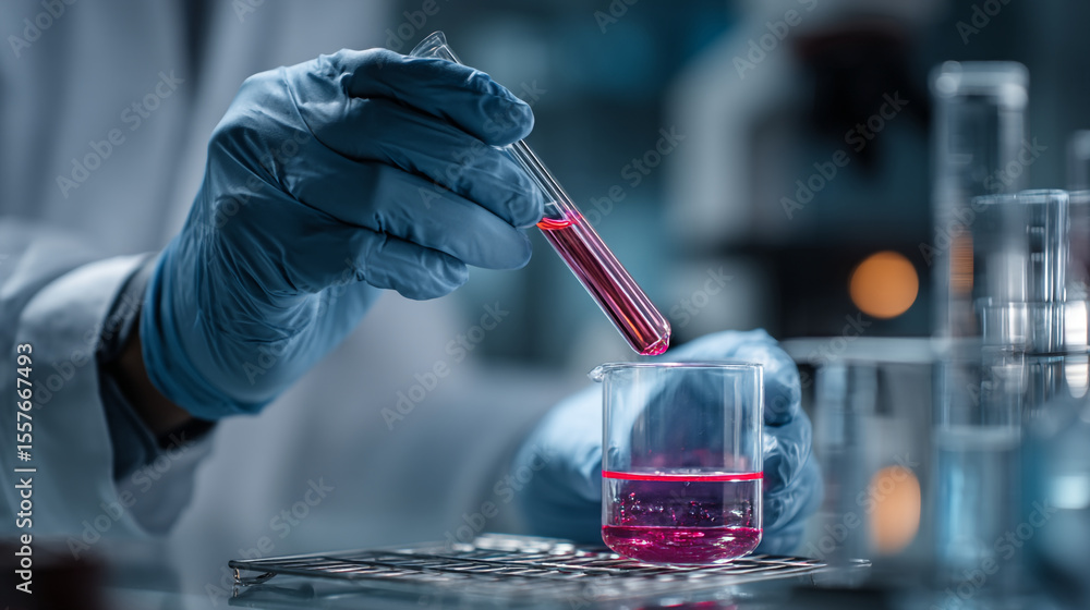 Poster scientist in lab coat adding red liquid from test tube to beaker during scientific experiment
