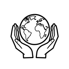 Hands holding earth globe. Simple line art graphic showing two hands gently cradling planet earth.