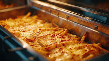 Fries cooked to perfection placed next to melted raclette cheese