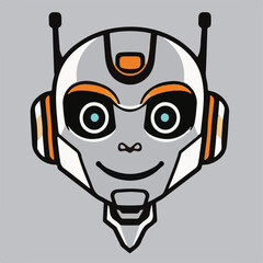 A friendly robot face vector with a metallic grey finish, orange accents, blue eyes, and a welcoming smile, set against a solid light grey background.