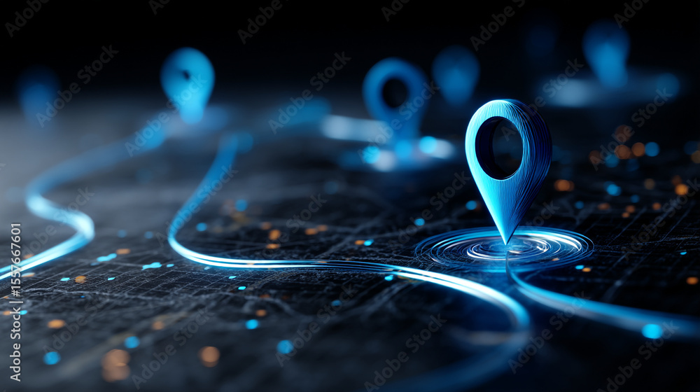 Poster blue location pins on a dark surface with glowing lines and circles indicating movement and connecti