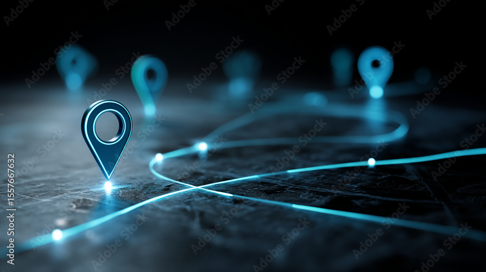 Poster blue location pins connected by lines on a dark surface representing a network or connections