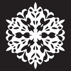 
A highly intricate and decorative white snowflake design, featuring symmetrical patterns and delicate cut-outs, set against a solid black background.