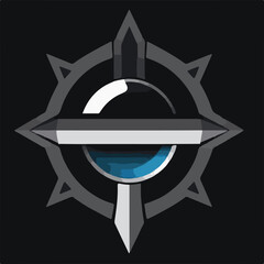 A metallic, stylized compass-like icon features a central blue element, evoking a sense of direction, exploration, or a futuristic eye, on a dark background.