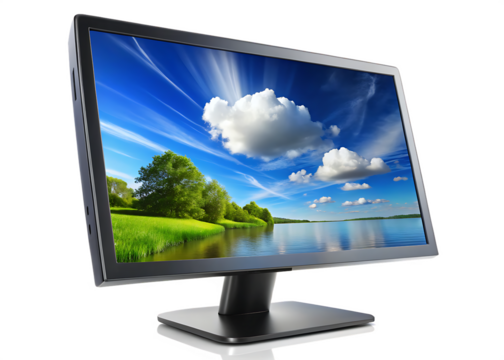 Black computer monitor displaying a vibrant landscape with blue sky and green trees isolated on a transparent background