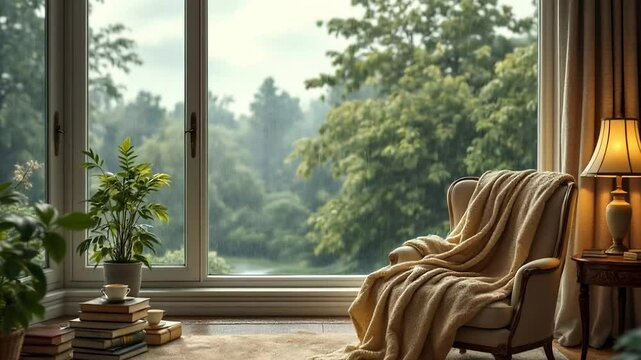 Interior Scene with Window View of Rain and Forest Cozy Chair with Blanket Soft Light and Tranquil Atmosphere