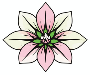 
A delicate vector illustration of a flower with eight petals in shades of pink and white, featuring a vibrant green and white center, outlined in black on a white background.