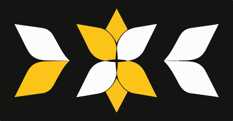 A geometric vector pattern features a central star-like motif in yellow and white, flanked by mirrored arrowhead shapes, all on a black background.