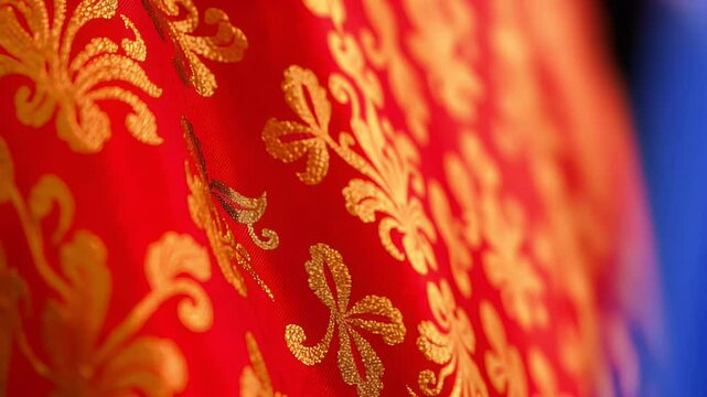  Red and Gold Brocade Fabric  Close-up image of red and gold brocade fabric