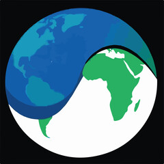 A stylized Earth globe resembling a yin-yang symbol, with continents in blue and green, representing global harmony and connection, on a dark background.