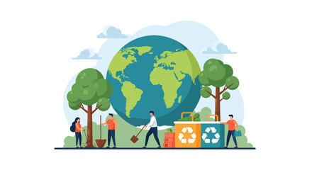 Illustrated Earth Day Scene with People Planting Trees and Recycling.