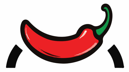 A vibrant red chili pepper with a green stem, outlined in black, resting between two black curved lines, all on a white background.