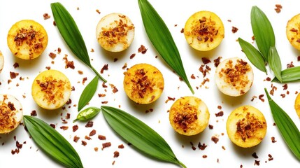 Khanom krok Thai coconut pancakes arranged in rows on a white background with garnish